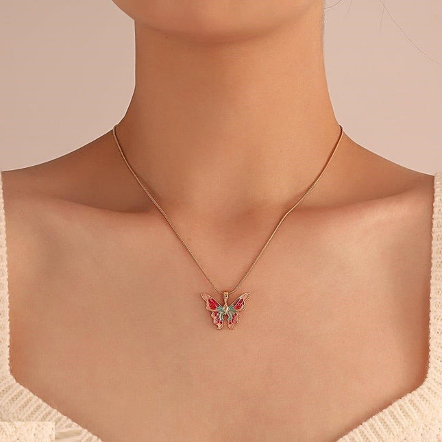 Multi Painted Butterfly Pendant with Gold-Plated Silver Necklace.