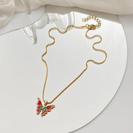 Multi Painted Butterfly Pendant with Gold-Plated Silver Necklace.