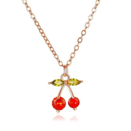 Cherry/Leaf Pendant Necklace with Gold-Plated  Chain