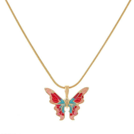 Multi Painted Butterfly Pendant with Gold-Plated Silver Necklace.