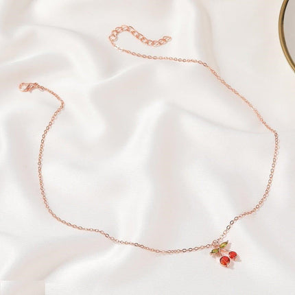Cherry/Leaf Pendant Necklace with Gold-Plated  Chain