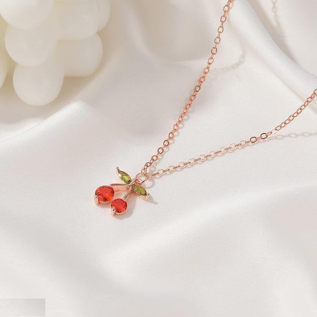 Cherry/Leaf Pendant Necklace with Gold-Plated  Chain